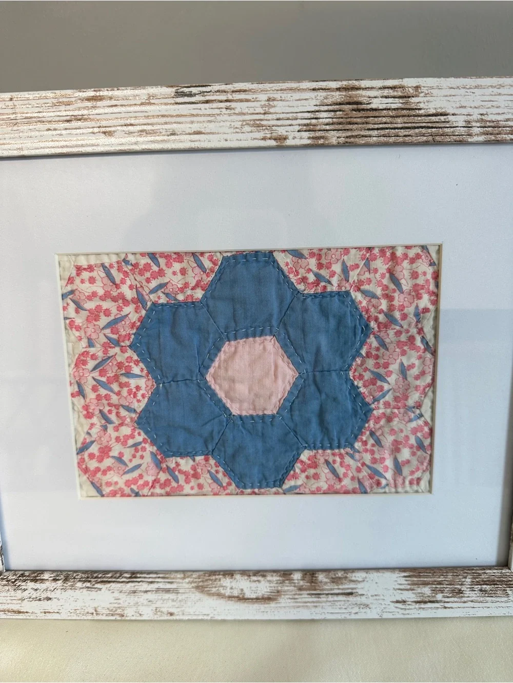 Framed Floral Vintage Quilt Patch Art - Blue & Pink